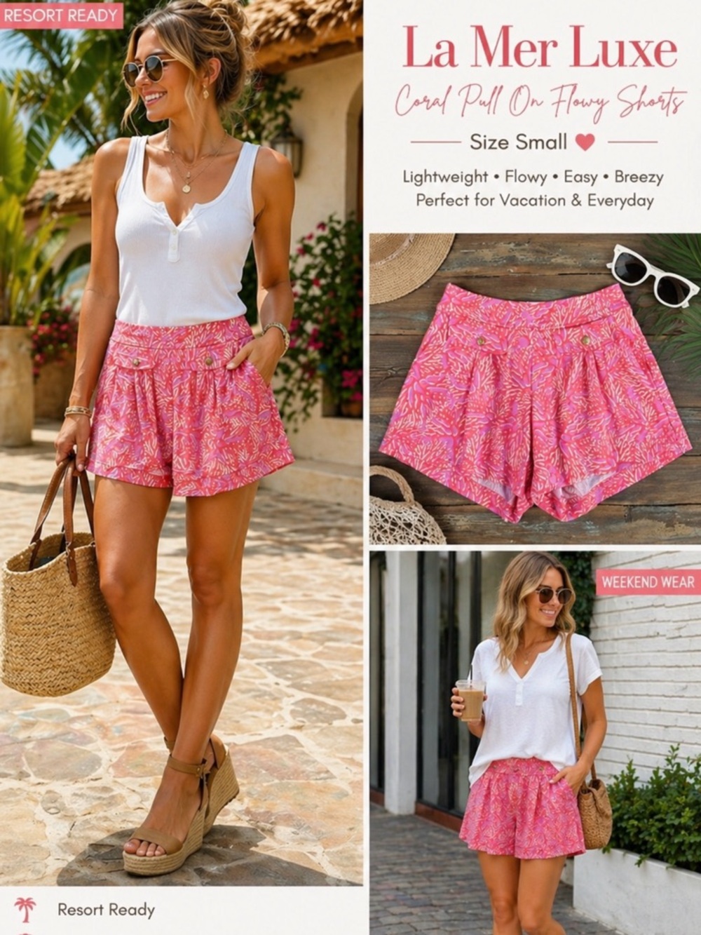 La Mer Luxe Coral Reef Print Flowy Pull On Shorts High Rise Resort Size S💛🍄
